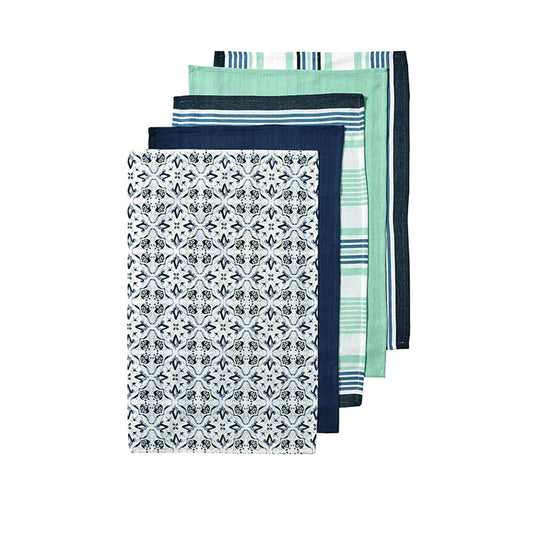 Ladelle Tile Set of 5 Cotton Kitchen Towels Navy V442-LDE-TEAT-TILESETOF5-NAVY-RE