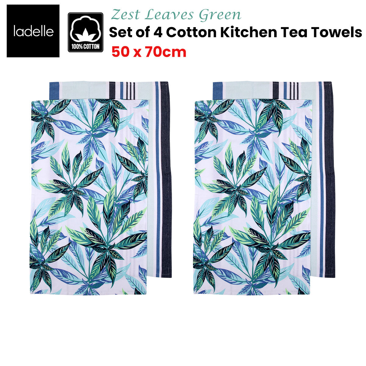 Ladelle Set of 4 Zest Leaves Green Cotton Kitchen Tea Towels 50 x 70 cm V442-LDE-TEAT-ZESTSETOF4LEAVE-GREEN-RE