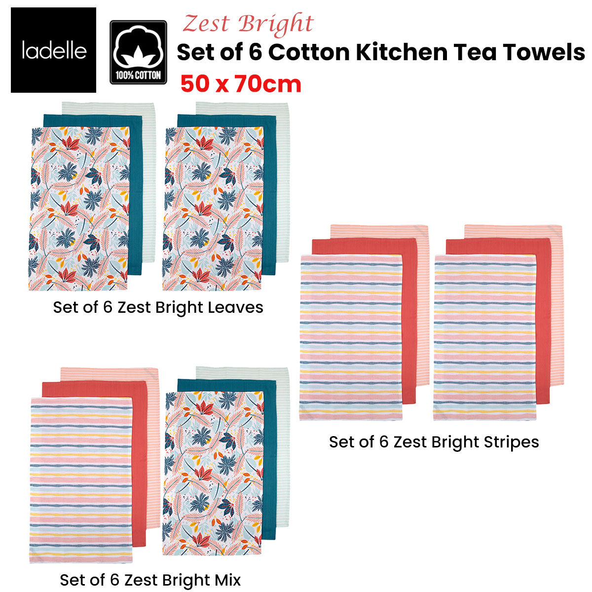 Ladelle Set of 6 Zest Bright Cotton Kitchen Tea Towels 50 x 70 cm Stripes V442-LDE-TEAT-ZESTSETOF6STRIPE-MULTI-RE