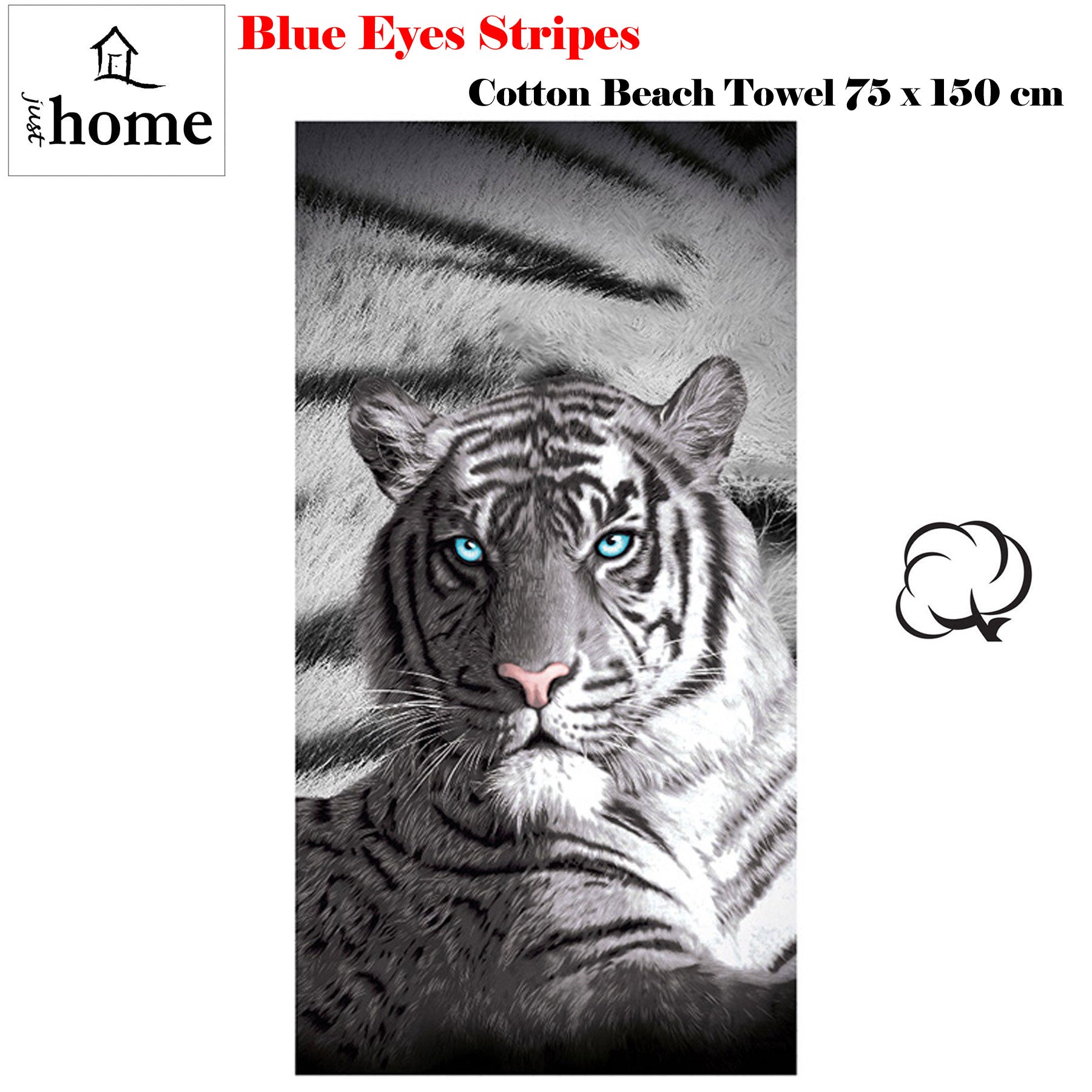 Just Home Blue Eyes Stripes Tiger Bath Beach Towel V442-LDE-TOWEL-BLUEEYESSTRIPES-BLACK-RE