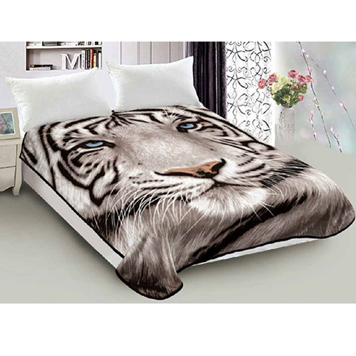 800GSM Luxury Reversible Animal Pattern Mink Blanket Queen 200 x 240 cm Blue-eyed Tiger V442-LYL-BLANKET-2023BLUEEYETIGER-GREY-QS