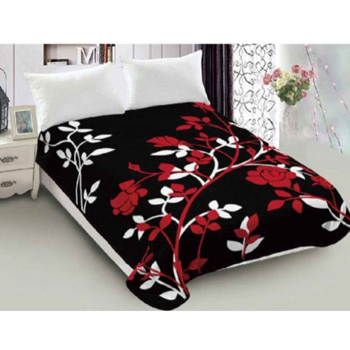 Lylac Homewares 800GSM Luxury Reversible Mink Blanket Flore Queen V442-LYL-BLANKET-2024FLORE-BLACK-QS
