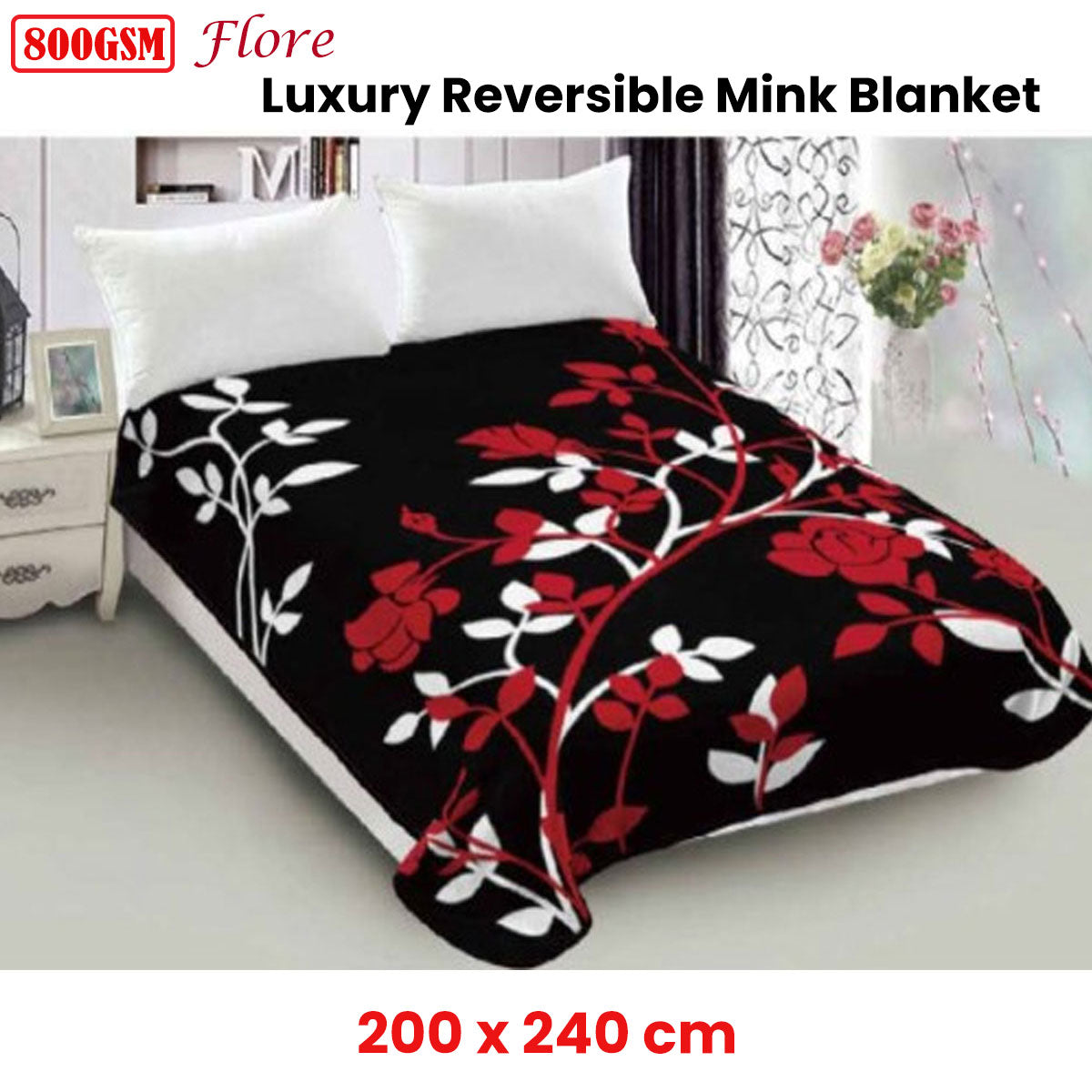 Lylac Homewares 800GSM Luxury Reversible Mink Blanket Flore Queen V442-LYL-BLANKET-2024FLORE-BLACK-QS