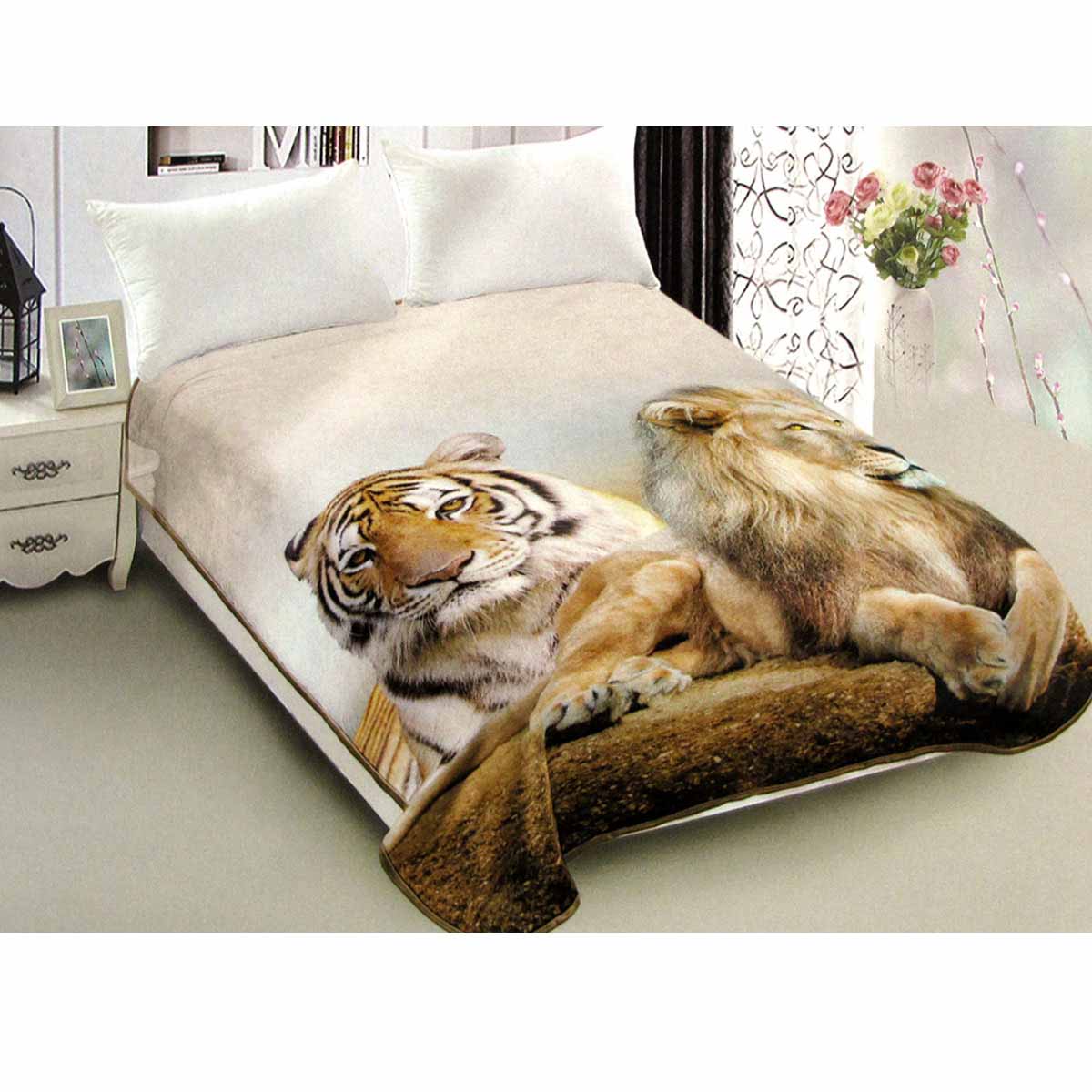 800GSM Luxury Reversible Animal Pattern Mink Blanket Queen 200 x 240 cm Lion Tiger Brown V442-LYL-BLANKET-2025LIONTIGER-BROWN-QS