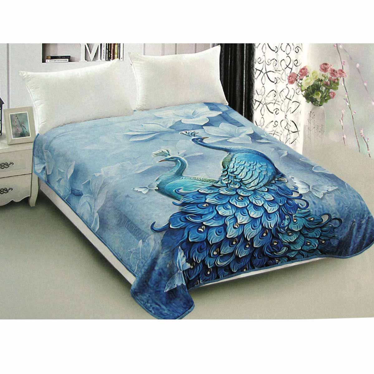 800GSM Luxury Reversible Animal Pattern Mink Blanket Queen 200 x 240 cm Pretty Peacock Blue V442-LYL-BLANKET-2025PEACOCK-BLUE-QS
