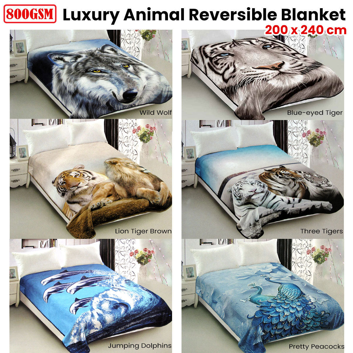 800GSM Luxury Reversible Animal Pattern Mink Blanket Queen 200 x 240 cm Pretty Peacock Blue V442-LYL-BLANKET-2025PEACOCK-BLUE-QS