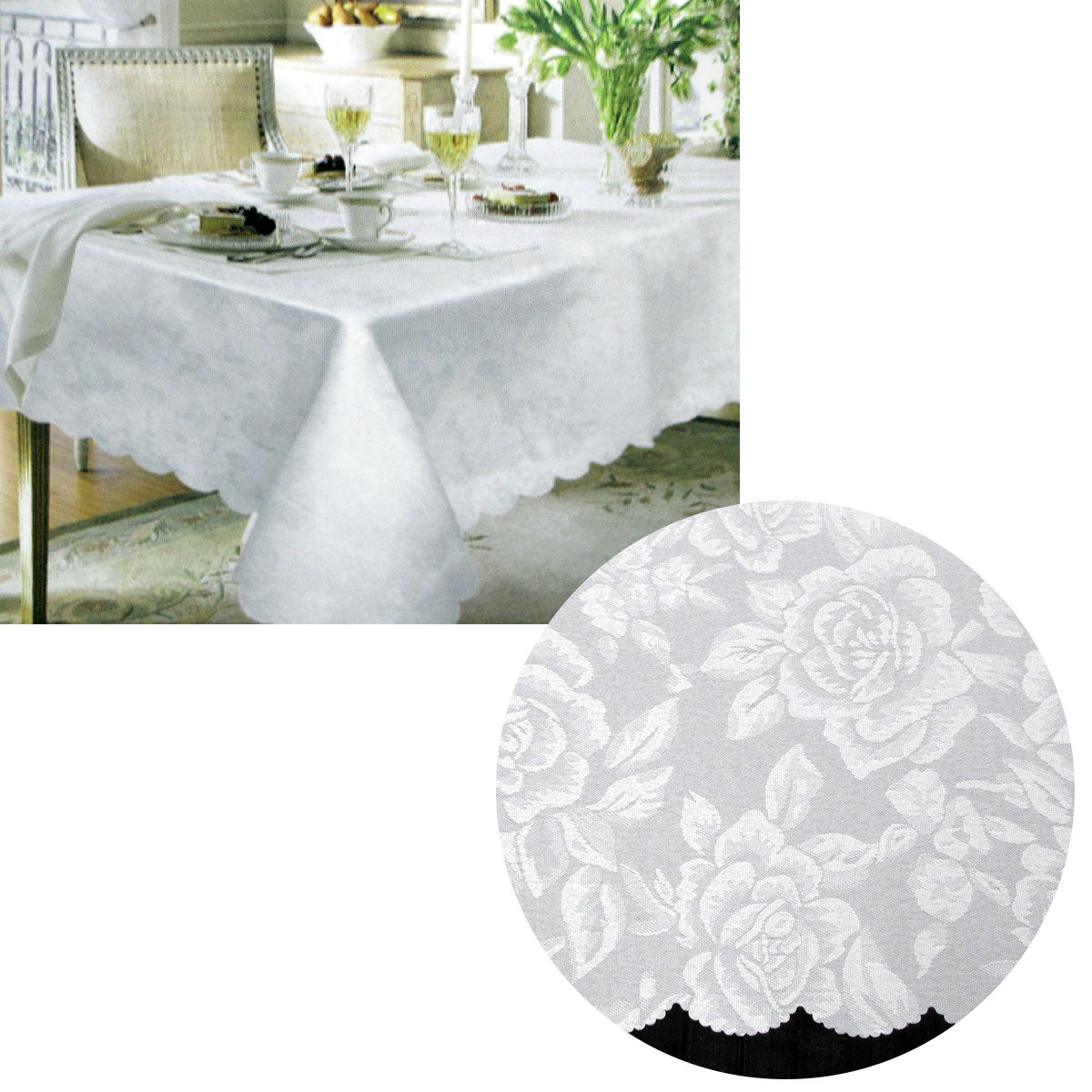 Jacquard Damask Design with Scalloped Edging Table Cloth White 140 x 180 cm V442-LYL-TABLEC-JACQDAMASK180-WHITE-RE