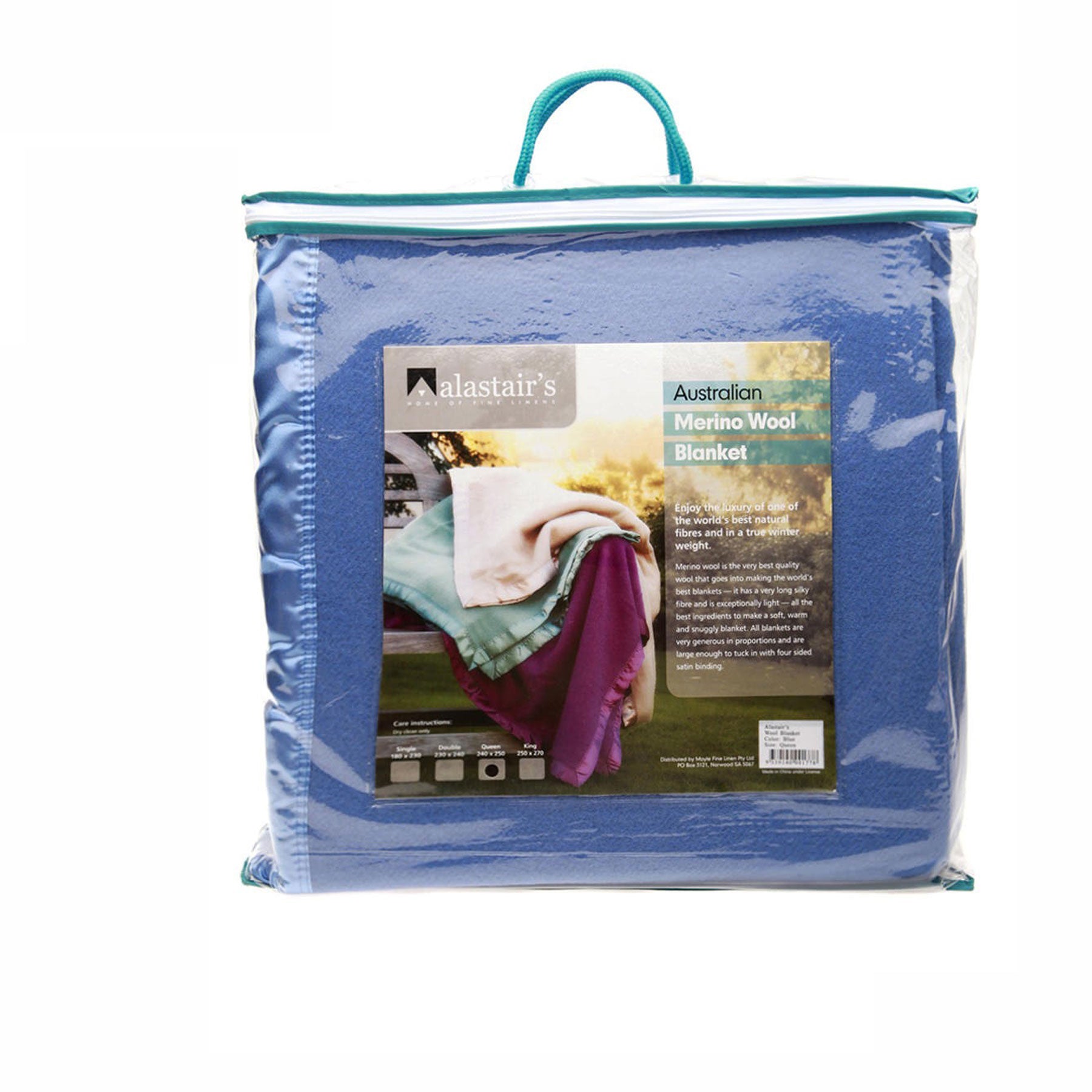 Alastairs 375GSM Australian Merino Wool Blanket Blue - King V442-MFL-BLANKET-WOOL-BLUE-KI