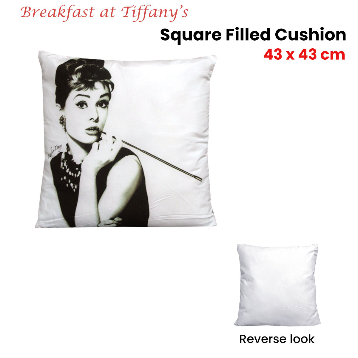 Audrey Hepburn Breakfast at Tiffany's Square Filled Cushion 43 x 43 cm V442-MFL-CUSHION-BREAKFASTTIFFANY-WHITE-SQ
