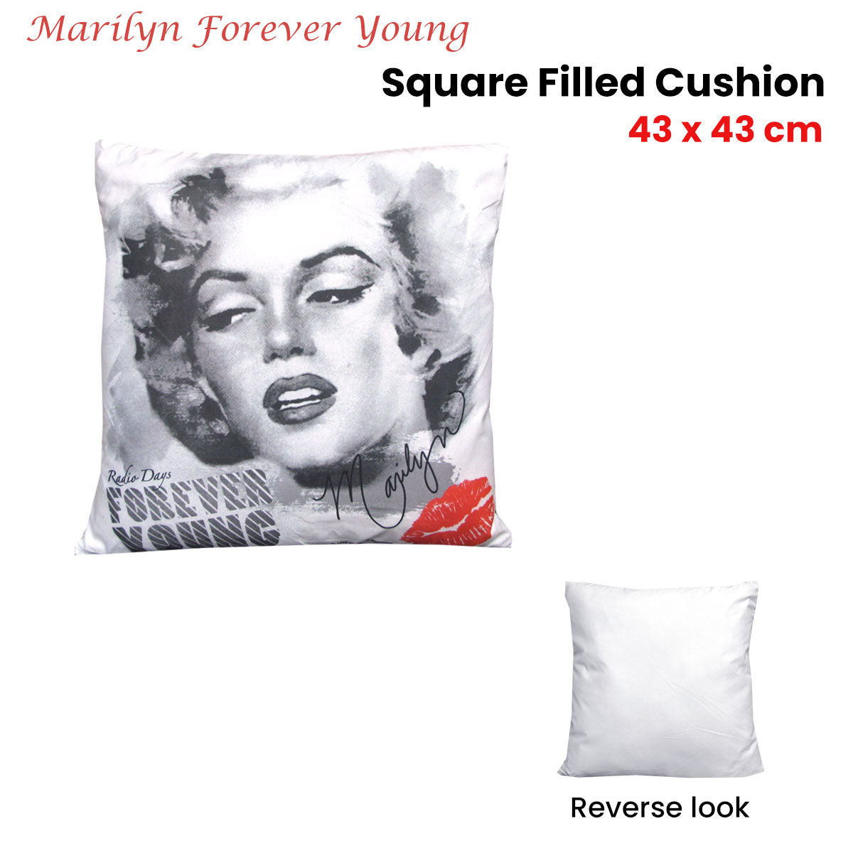 Marilyn Monroe Forever Young Square Filled Cushion 43 x 43 cm V442-MFL-CUSHION-FOREVERYOUNG-WHITE-SQ