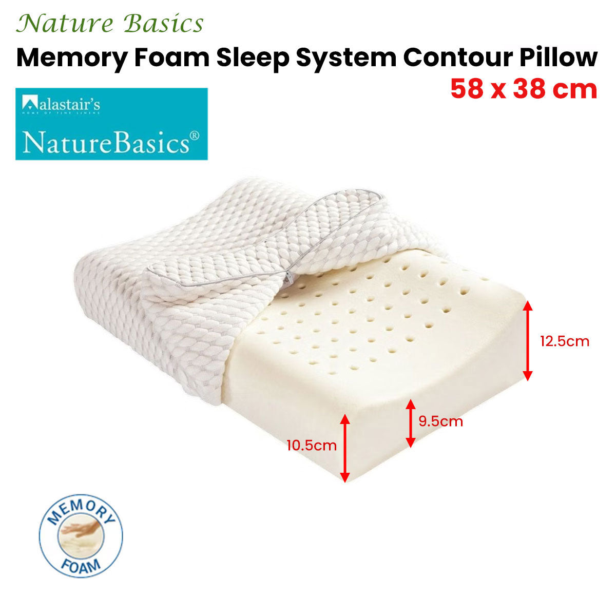 Alastairs Nature Basics Memory Foam Contour Standard Pillow 38 x 58cm V442-MFL-PILLOW-MEMORYCONTOUR-NATURAL-ST
