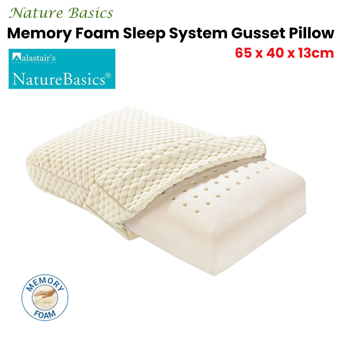 Alastairs Nature Basics Sleep System Memory Foam Gusset Pillow 65 x 40 x 13cm V442-MFL-PILLOW-MEMORYGUSSET-NATURAL-ST