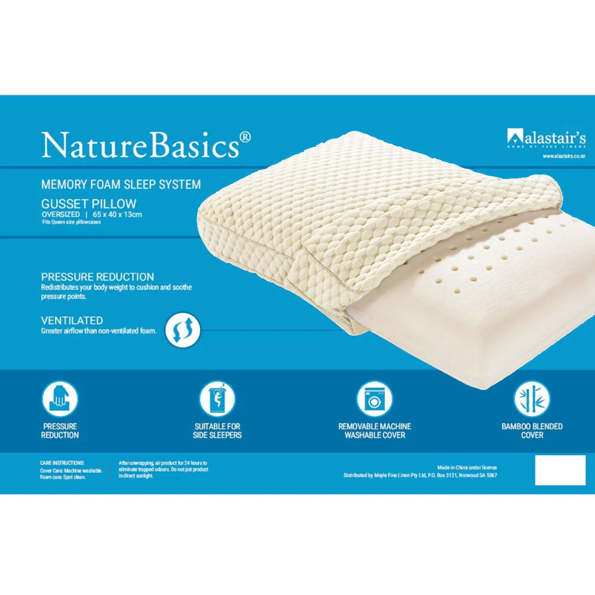 Alastairs Nature Basics Sleep System Memory Foam Gusset Pillow 65 x 40 x 13cm V442-MFL-PILLOW-MEMORYGUSSET-NATURAL-ST