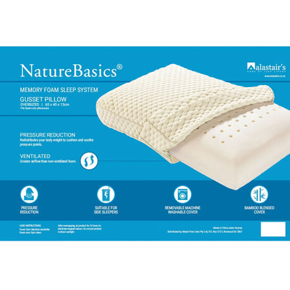Alastairs Nature Basics Sleep System Memory Foam Gusset Pillow 65 x 40 x 13cm V442-MFL-PILLOW-MEMORYGUSSET-NATURAL-ST