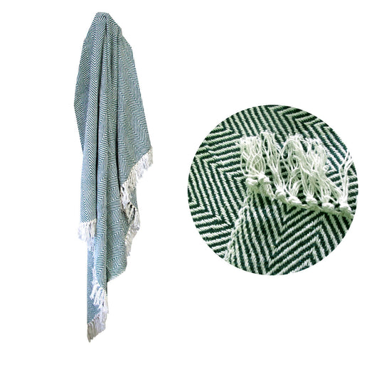 100% Cotton Fringe Throw Rug 125 x 150 cm Chevron Green V442-MFL-THROW-CHEVRON-GREEN-RE