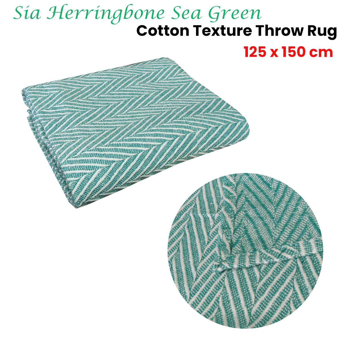 Sia Herringbone Sea Green 100% Cotton Texture Throw Rug 125 x 150 cm V442-MFL-THROW-SIAHERRINGBONE-SEAGREEN-RE