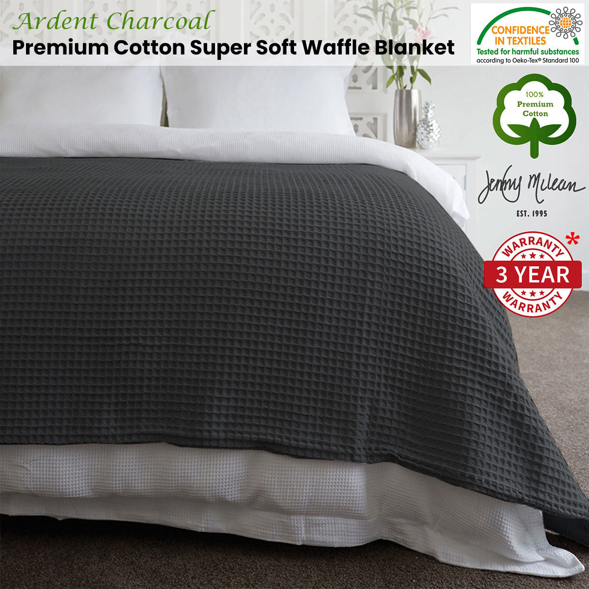 Jenny Mclean Ardent Premium Super Soft Cotton Waffle Blanket Charcoal Queen V442-RAN-BLANKET-ARDENTWAFFLE-CHARCOAL-QS