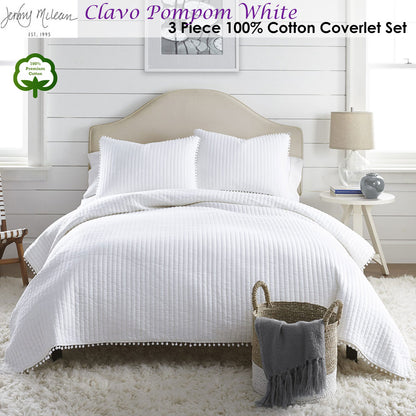 Jenny Mclean Clavo Pompom White 3 Piece 100% Cotton Coverlet Set King V442-RAN-COVERLET-CLAVOPOMPOM-WHITE-KI