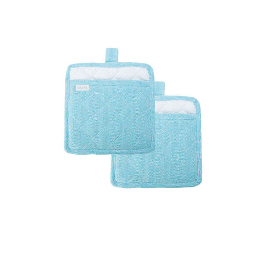 Rans Herringbone Blue Cotton Set of 2 Pot Holders V442-RAN-OVENM-HERRINGSET2POTHOLDER-BLUE-RD