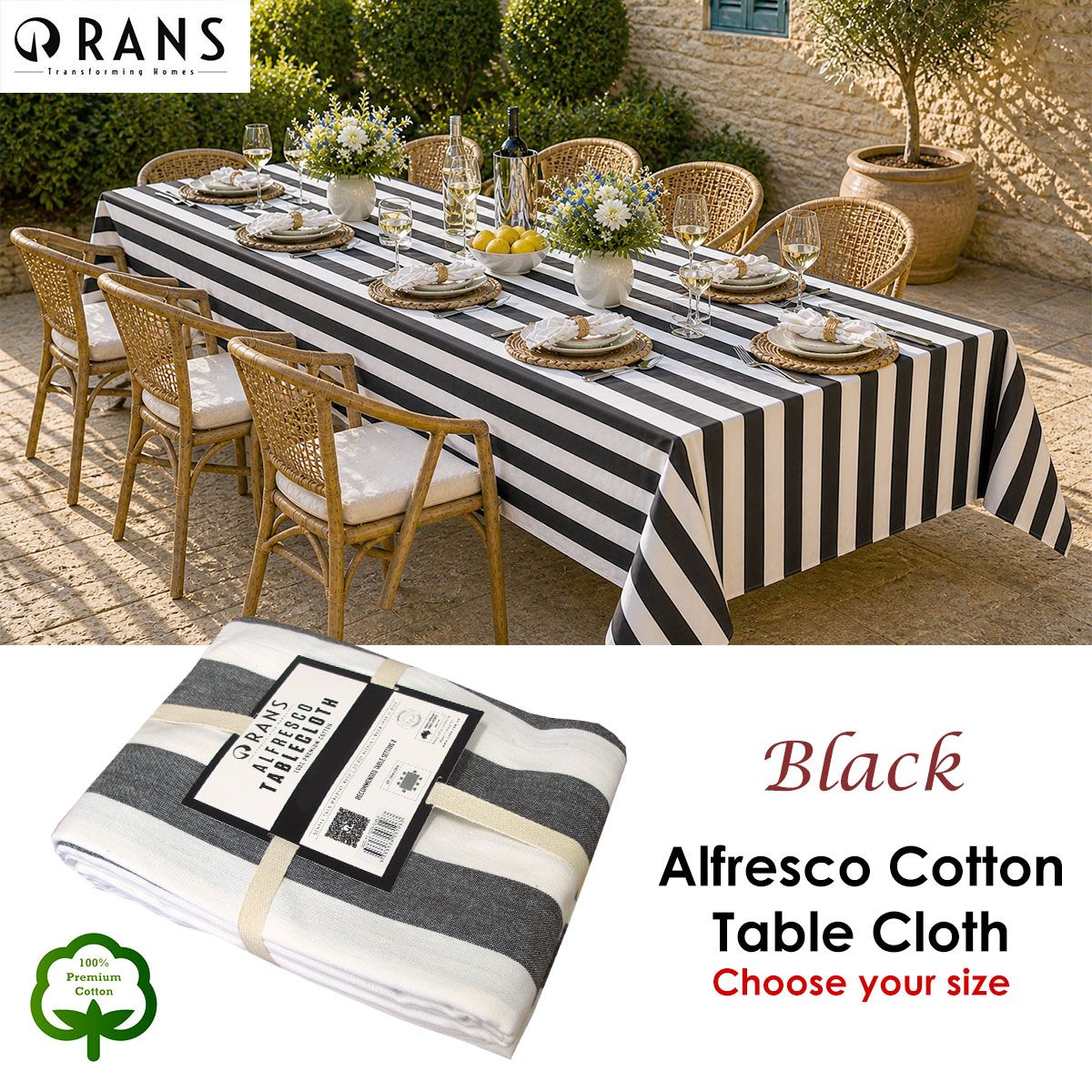 Rans Black Alfresco Stripes Cotton Tablecloth - Choose from 2 sizes 150cm x 250cm V442-RAN-TABLEC-ALFRESCO250CM-BLACK-RE