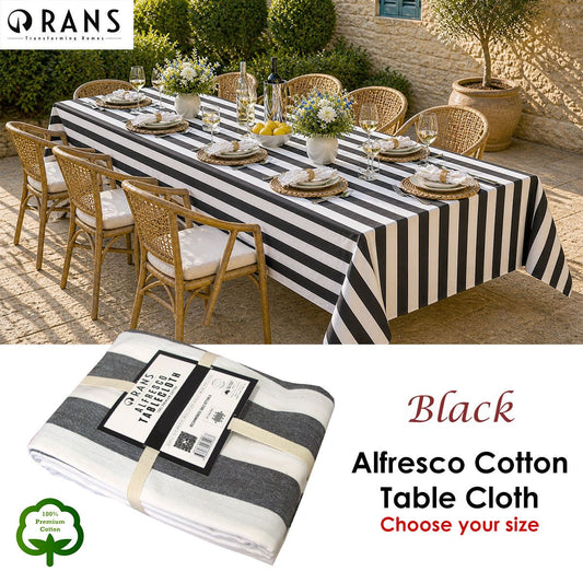 Rans Black Alfresco Stripes Cotton Tablecloth - Choose from 2 sizes 150cm x 250cm V442-RAN-TABLEC-ALFRESCO250CM-BLACK-RE