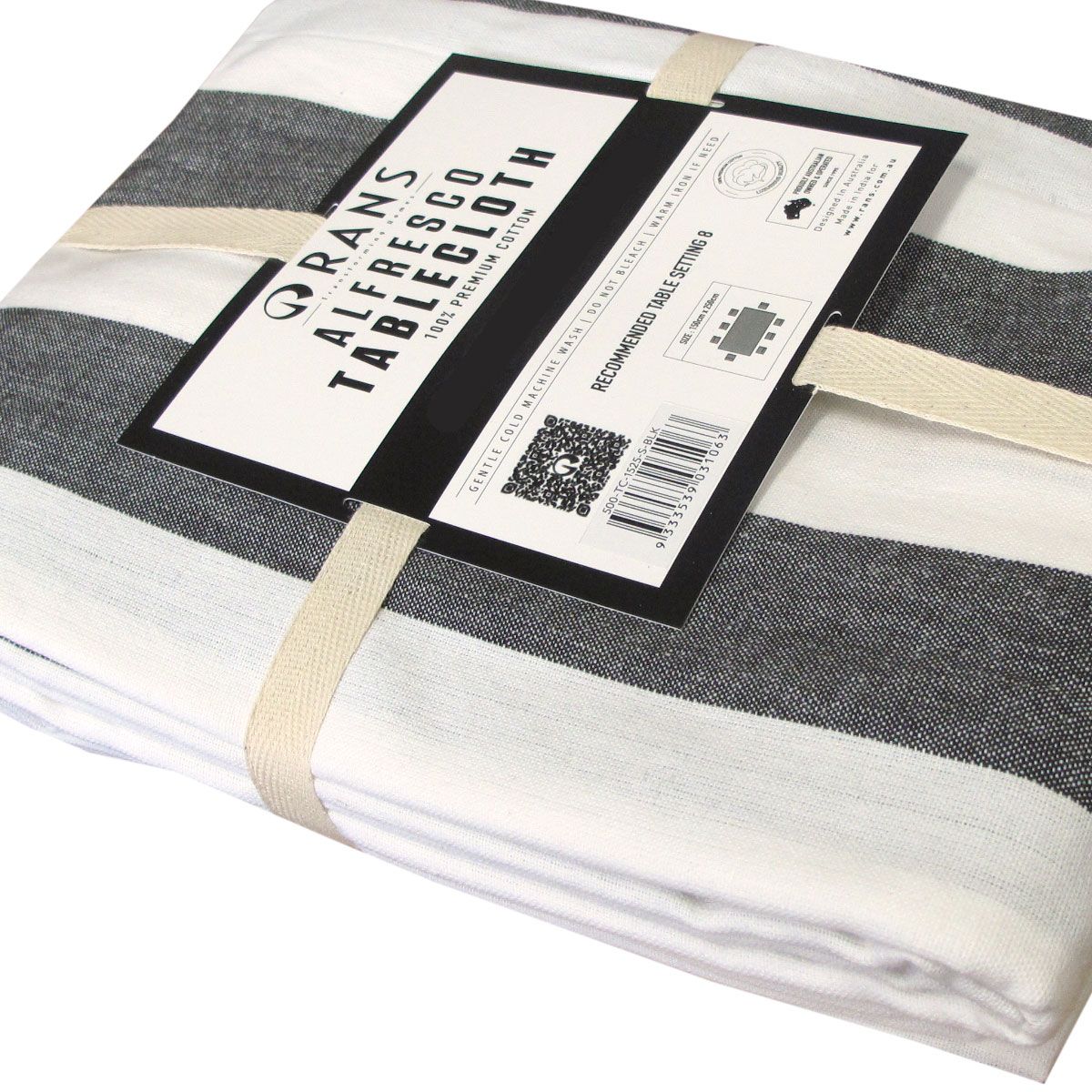 Rans Black Alfresco Stripes Cotton Tablecloth - Choose from 2 sizes 150cm x 250cm V442-RAN-TABLEC-ALFRESCO250CM-BLACK-RE