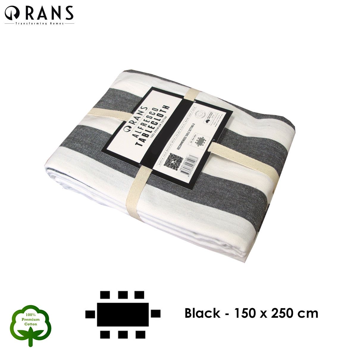 Rans Black Alfresco Stripes Cotton Tablecloth - Choose from 2 sizes 150cm x 250cm V442-RAN-TABLEC-ALFRESCO250CM-BLACK-RE