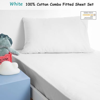 Minikins Junior Cotton Combo Fitted Sheet Set White Single V442-SIM-FITTEDSS-SOLID-WHITE-SB
