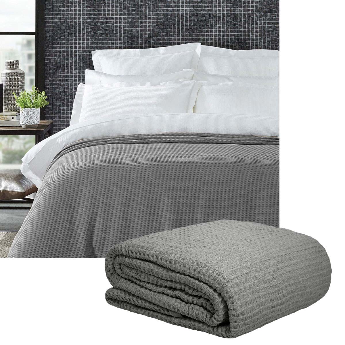 Living @ Home 350gsm 100% Cotton Breathable Waffle Blanket Queen 240 x 255 cm Charcoal V442-STT-BLANKET-25COTTONWAFFLE-CHARCOAL-QS