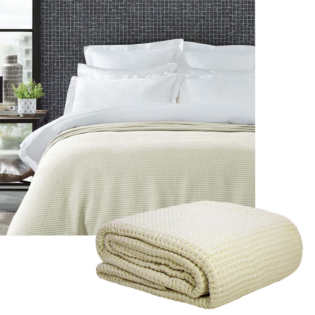 Living @ Home 350gsm 100% Cotton Breathable Waffle Blanket Queen 240 x 255 cm Cream V442-STT-BLANKET-25COTTONWAFFLE-CREAM-QS