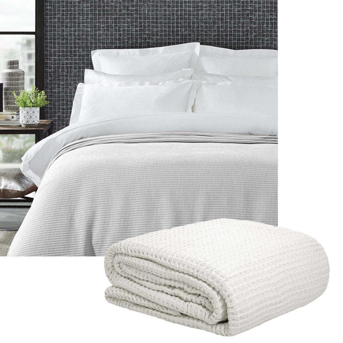 Living @ Home 350gsm 100% Cotton Breathable Waffle Blanket Queen 240 x 255 cm White V442-STT-BLANKET-25COTTONWAFFLE-WHITE-QS