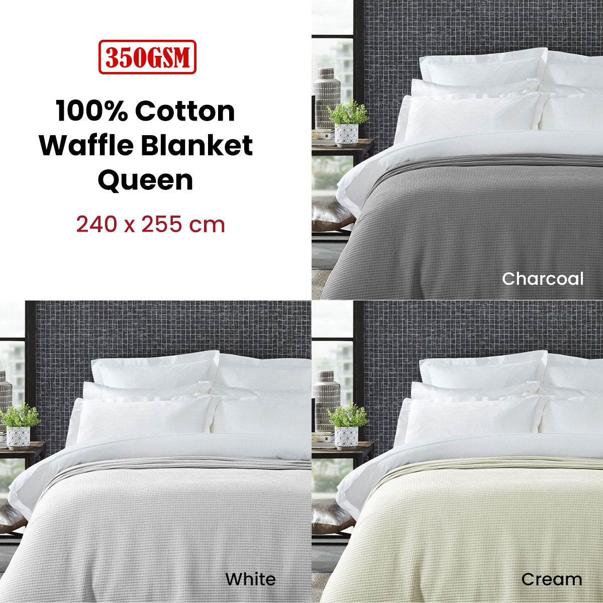 Living @ Home 350gsm 100% Cotton Breathable Waffle Blanket Queen 240 x 255 cm White V442-STT-BLANKET-25COTTONWAFFLE-WHITE-QS