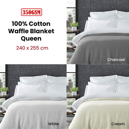 Living @ Home 350gsm 100% Cotton Breathable Waffle Blanket Queen 240 x 255 cm White V442-STT-BLANKET-25COTTONWAFFLE-WHITE-QS