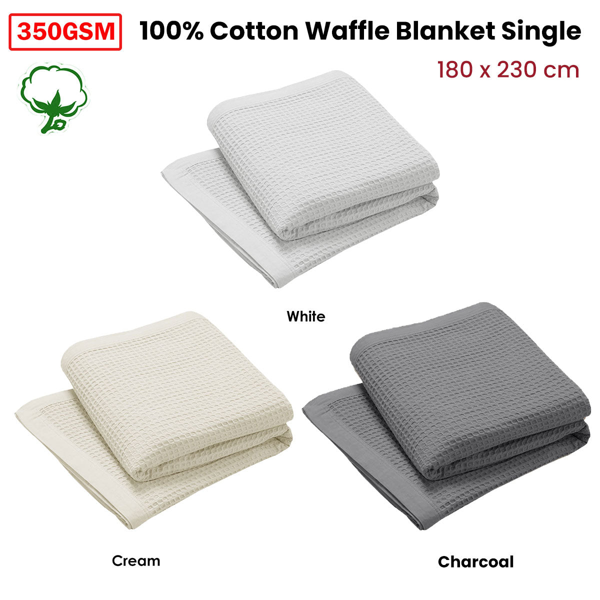 Living @ Home 350gsm 100% Cotton Breathable Waffle Blanket Single 180 x 230 cm White V442-STT-BLANKET-25COTTONWAFFLE-WHITE-SB