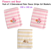 Living Home for Baby Girls Flowers and Bear Pack of 3 Embroidered Polar fleece Stripe Cot Blankets 100 x 140cm V442-STT-BLANKET-PACKOF3FLOWERSBABY-PINK-CT
