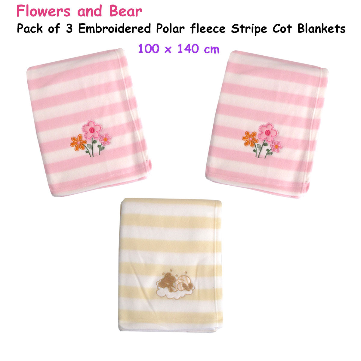 Living Home for Baby Girls Flowers and Bear Pack of 3 Embroidered Polar fleece Stripe Cot Blankets 100 x 140cm V442-STT-BLANKET-PACKOF3FLOWERSBABY-PINK-CT