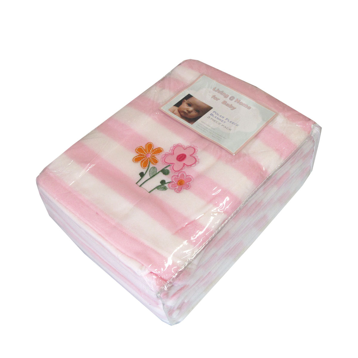 Living Home for Baby Girls Flowers and Bear Pack of 3 Embroidered Polar fleece Stripe Cot Blankets 100 x 140cm V442-STT-BLANKET-PACKOF3FLOWERSBABY-PINK-CT