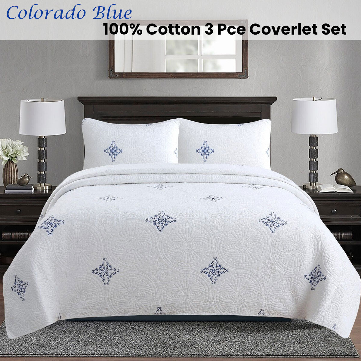 100% Cotton Lightly Quilted Coverlet Set Colorado Blue King V442-STT-COVERLET-COLORADO-BLUE-KI