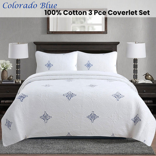 100% Cotton Lightly Quilted Coverlet Set Colorado Blue King V442-STT-COVERLET-COLORADO-BLUE-KI