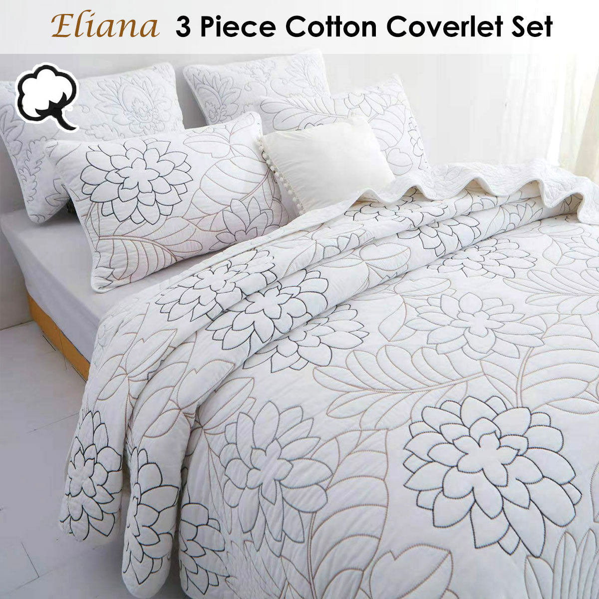 100% Cotton Coverlet Set Eliana Queen V442-STT-COVERLET-ELIANA-WHITE-QS