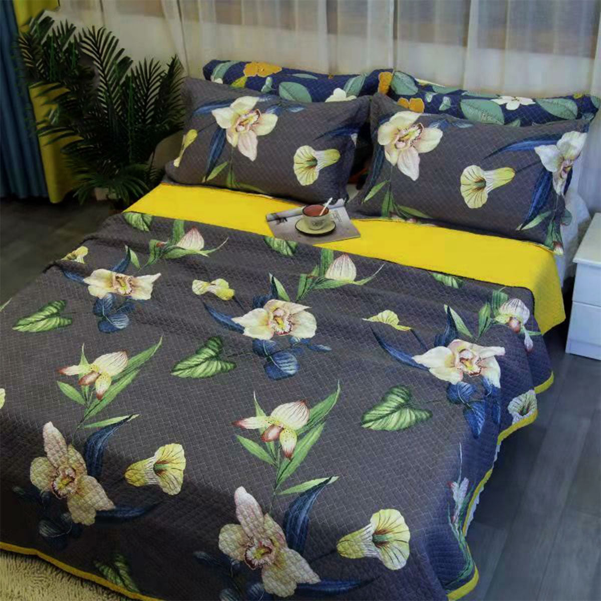 100% Cotton Coverlet Set Embroidered Orchid Queen V442-STT-COVERLET-EMBORCHID-CHARCOAL-QS