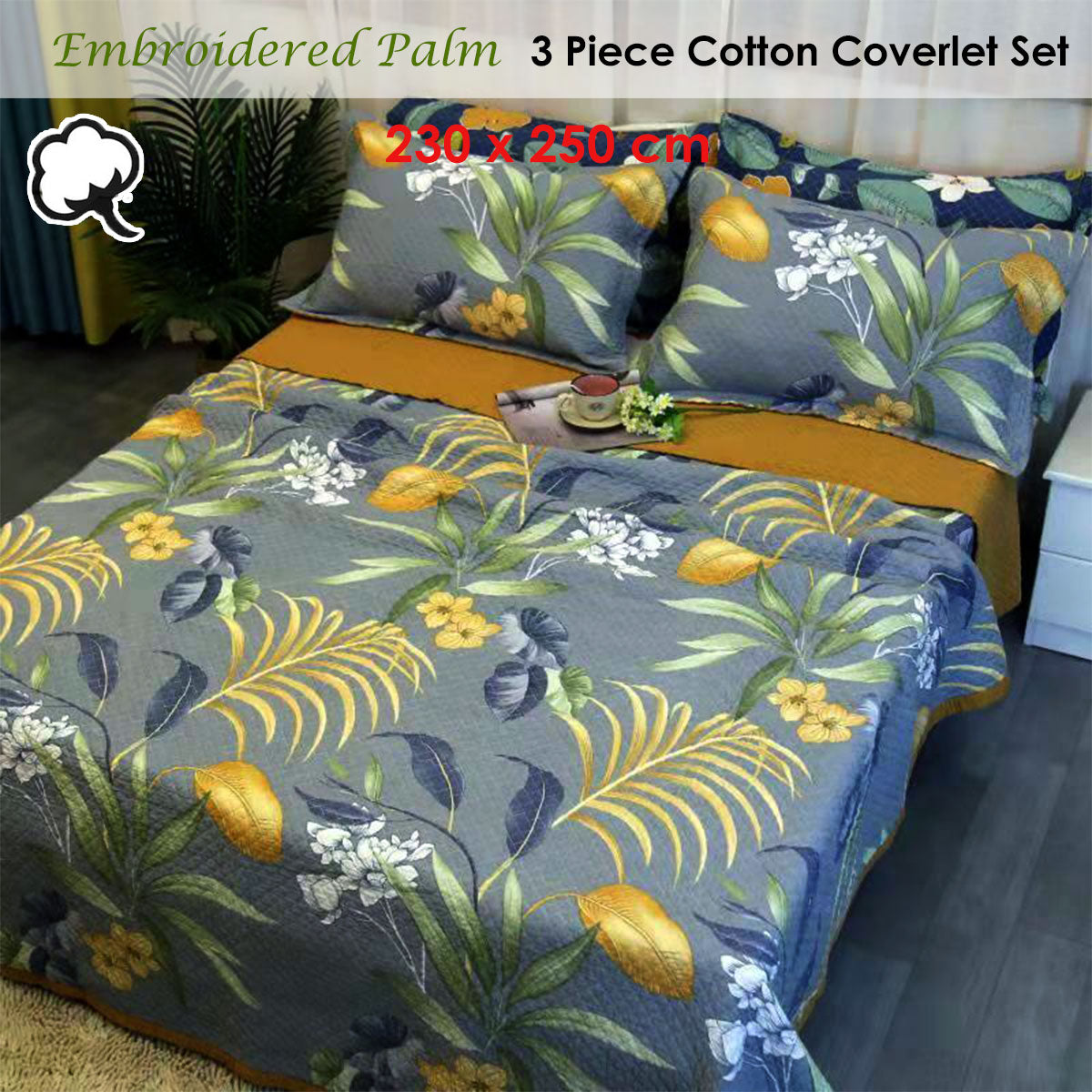 100% Cotton Coverlet Set Embroidered Palm Queen V442-STT-COVERLET-EMBPALM-CHARCOAL-QS