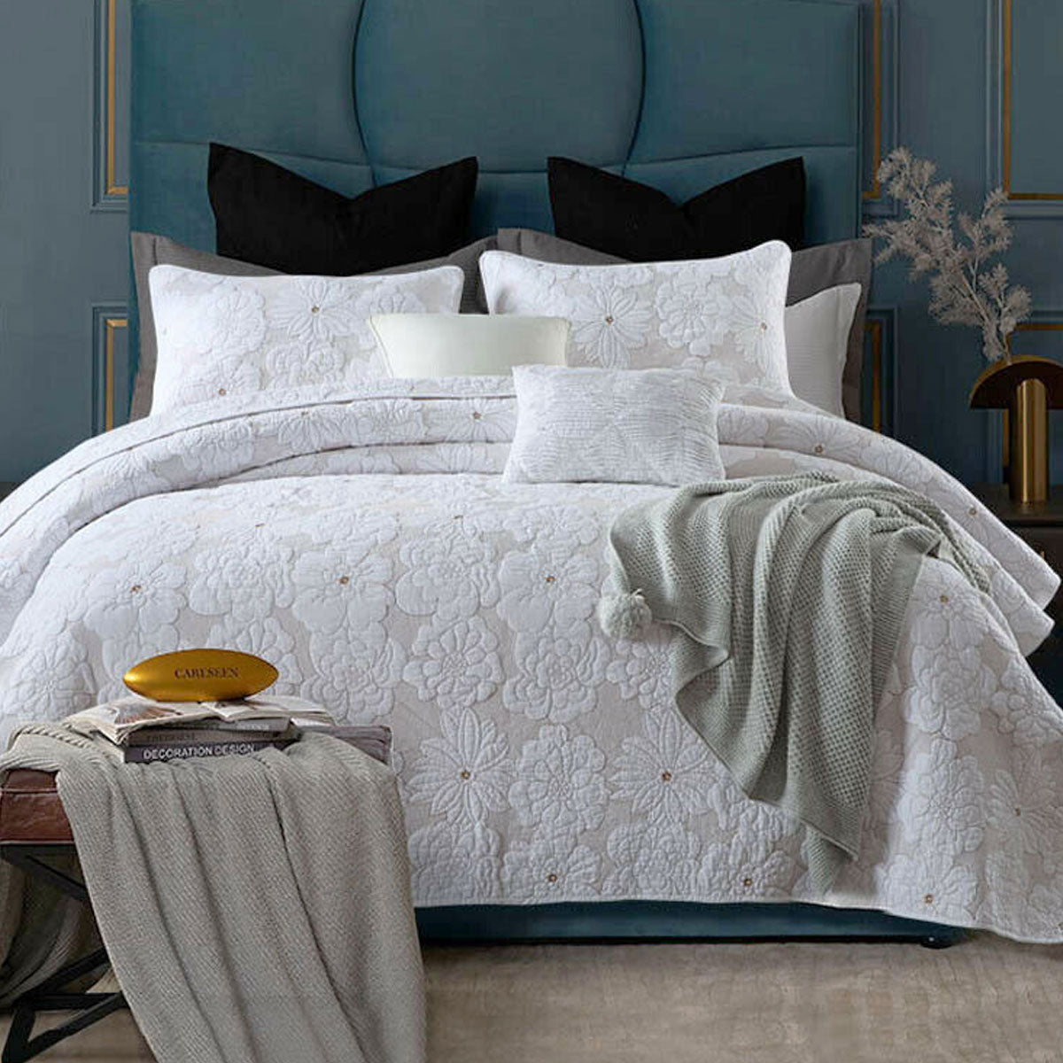 Cotton Rich Lightly Quilted Coverlet Set Floriade White King V442-STT-COVERLET-FLORIADE-WHITE-KI
