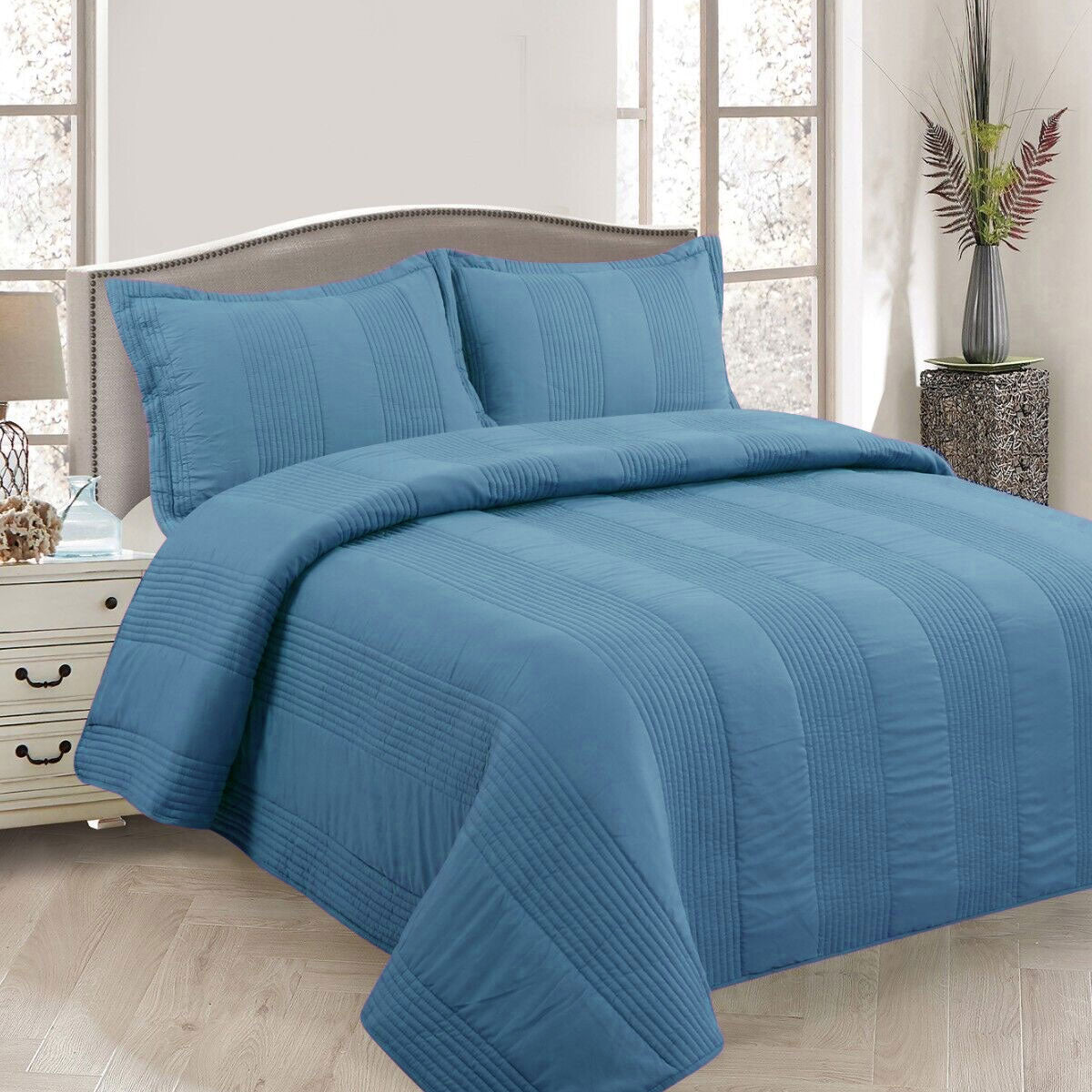 Lewis Blue 3 Pce Lightly Quilted Polyester Cotton Coverlet Set Queen V442-STT-COVERLET-LEWIS-BLUE-QS