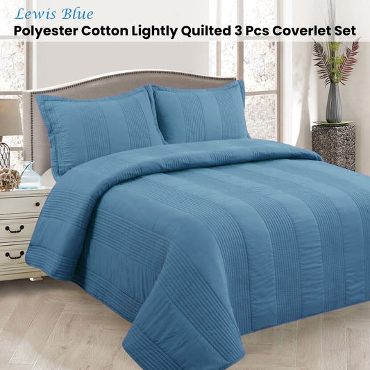 Lewis Blue 3 Pce Lightly Quilted Polyester Cotton Coverlet Set Queen V442-STT-COVERLET-LEWIS-BLUE-QS