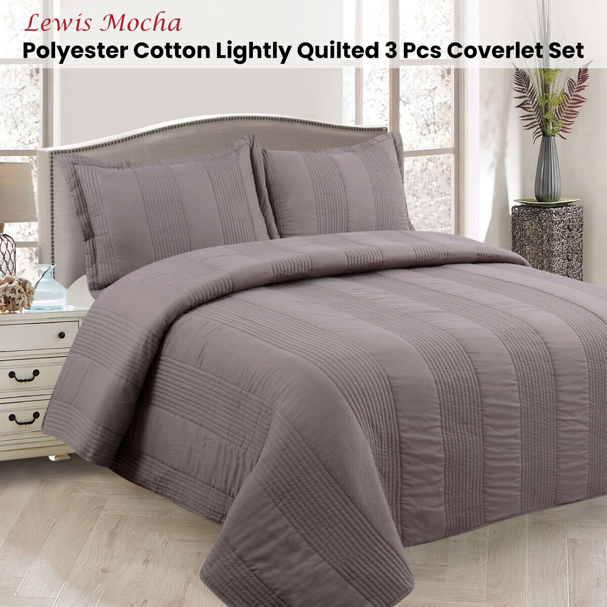 Lewis Mocha 3 Pce Lightly Quilted Polyester Cotton Coverlet Set Queen V442-STT-COVERLET-LEWIS-MOCHA-QS