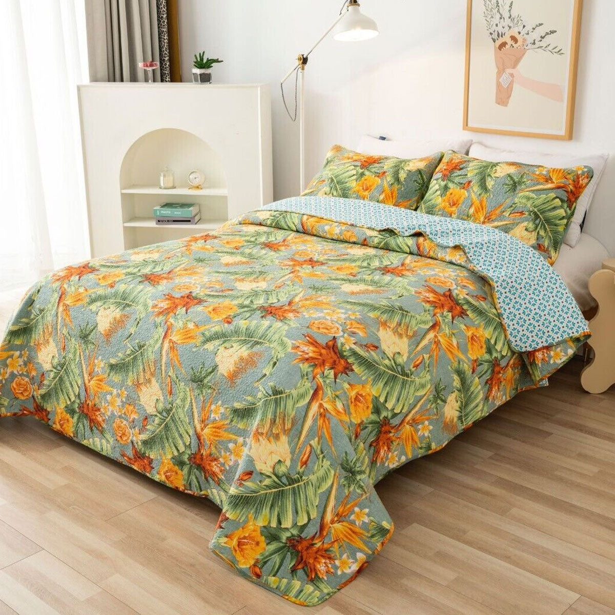 100% Cotton Lightly Quilted Coverlet Set Birds of Paradise Queen 230 x 250 cm V442-STT-COVERLET-PARADISE-MULTI-QS