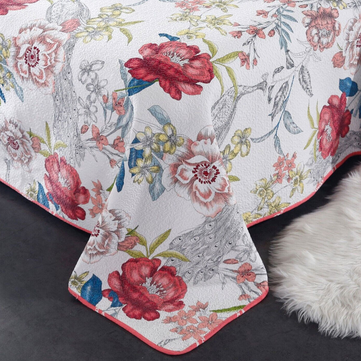 100% Cotton Lightly Quilted Coverlet Set Peacock Garden Pink Queen V442-STT-COVERLET-PEACOCKGARDEN-PINK-QS