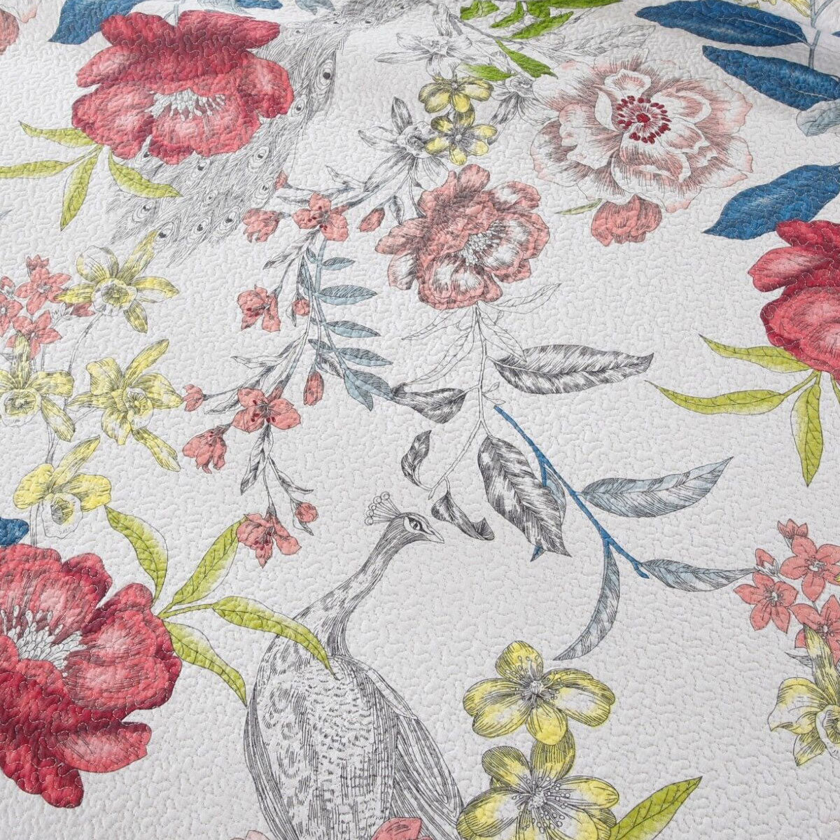 100% Cotton Lightly Quilted Coverlet Set Peacock Garden Pink Queen V442-STT-COVERLET-PEACOCKGARDEN-PINK-QS