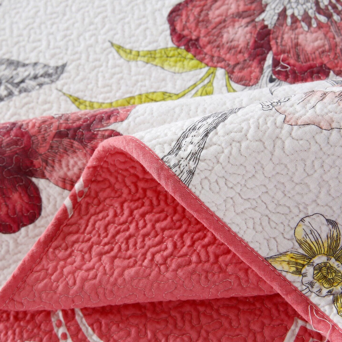 100% Cotton Lightly Quilted Coverlet Set Peacock Garden Pink Queen V442-STT-COVERLET-PEACOCKGARDEN-PINK-QS